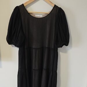 OAK + FORT Elegant Black Midi Dress with Puff Sleeves